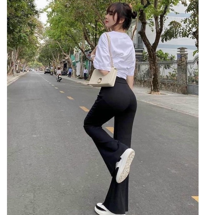 Quần ống loe nữ, quần legging nữ cạp cao dáng dài vải thun co dãn bốn chiều siêu hách dáng