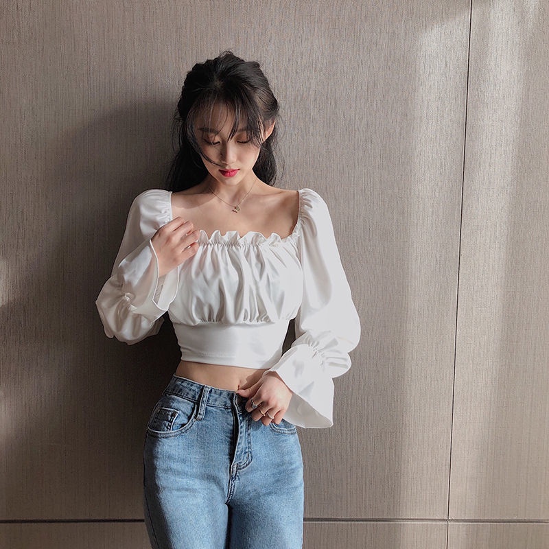 Áo Kiểu Dài Tay Cổ Vuông Thiết Kế Mới Thời Trang Theo Phong Cách Hàn Quốc Cho Nữ