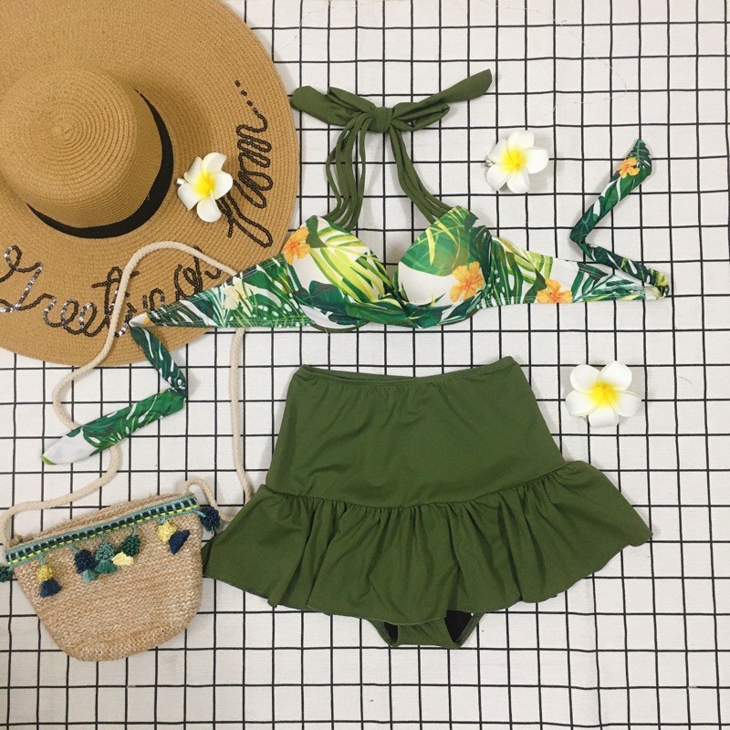 [HÀNG HOT] Set bikini váy xoè hoạ tiết hoa lá tropical