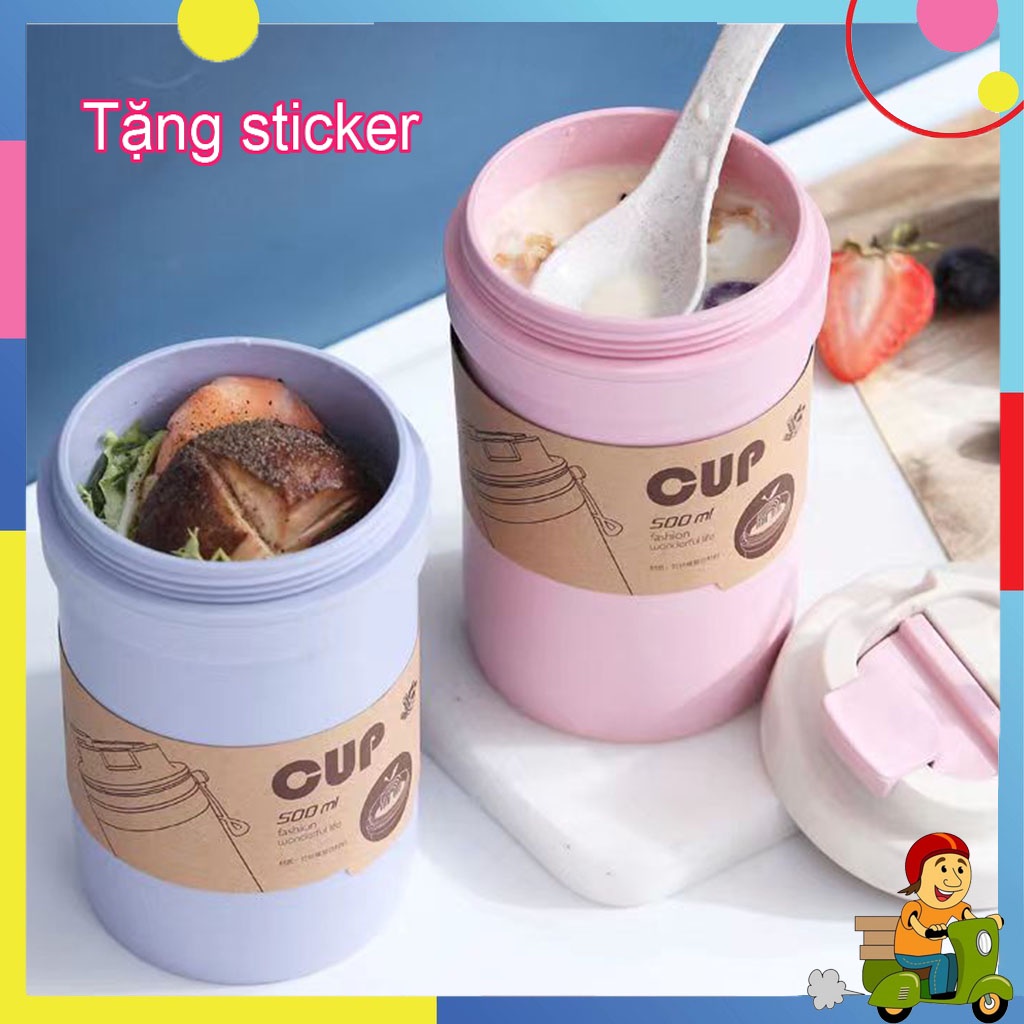 Cốc Đựng Canh Lúa Mạch An Toàn Vệ Sinh, Giữ Nhiệt Tốt Xinh Xắn Dung Tích 500ml Tiện Lợi Tặng Kèm Thìa