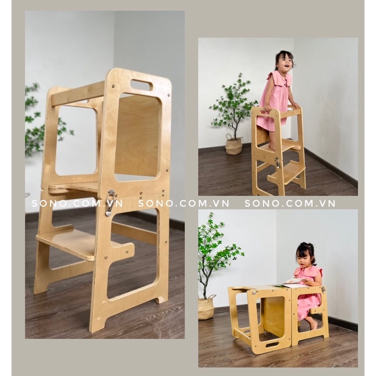 Ghế đứng bếp  làm tháp vận động,bàn học tập, bàn ăn dặm cho bé gỗ plywood Birch Sono Montessori