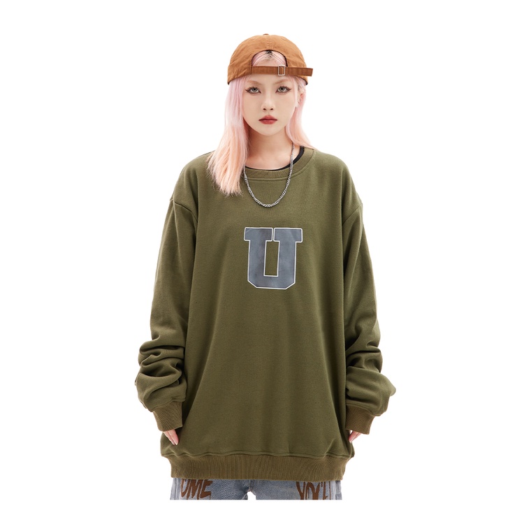 Áo Sweater Nỉ Make It Rain Heybig  màu xanh rêu họa tiết in chữ U