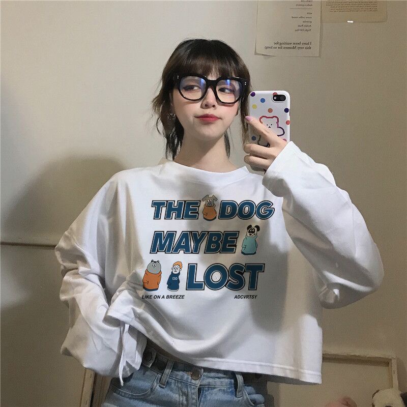 Áo Thun Crop Top Cổ Tròn Tay Dài Dáng Rộng Lưng Cao Phối Dây Rút Thời Trang Mùa Thu Cho Nữ JH-CX-84