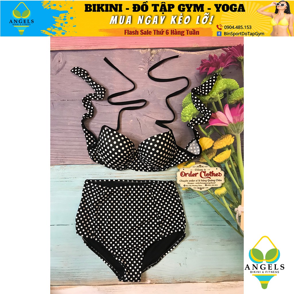 Bikini,Bộ Đồ Bơi Hai Mảnh Tay Chấm Bi Đen Sexy Mặc Đi Biển BHV015 | BigBuy360 - bigbuy360.vn