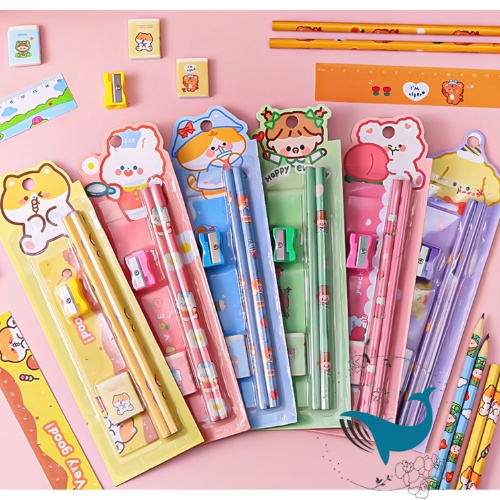 Combo đồ dùng học tập tiện lợi cho bé 5 món 2 bút chì-gôm-thước-đồ chuốt nhỏ gọn nhiều chủ đề dễ thương.