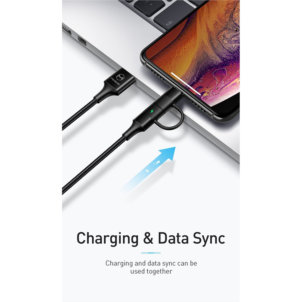 Dây cáp sạc nhanh Mcdodo USB 2 trong 1 Type-C/ Lightning dành cho iPhone Samsung Huawei Xiaomi