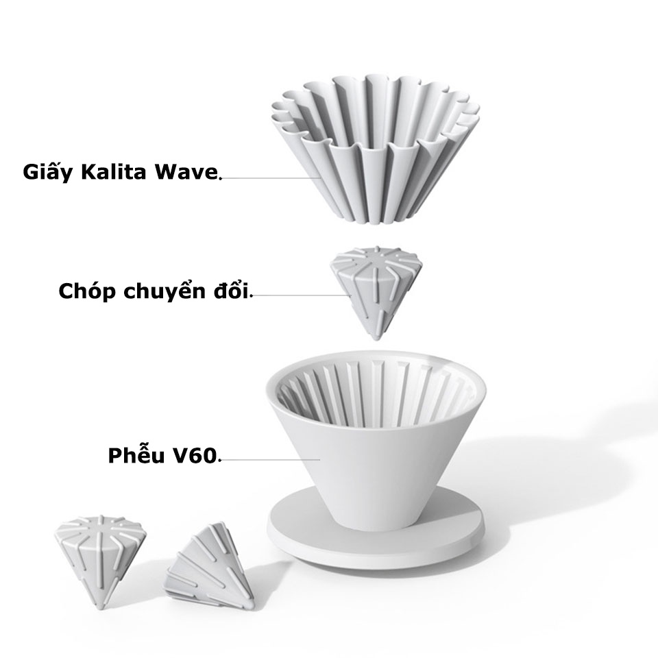 Chóp nón sứ chuyển đổi phễu V60 sử dụng với giấy Kalita Wave