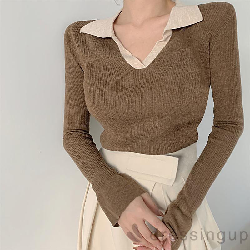Áo dệt kim tay dài cổ chữ V thời trang mùa thu cho nữ
