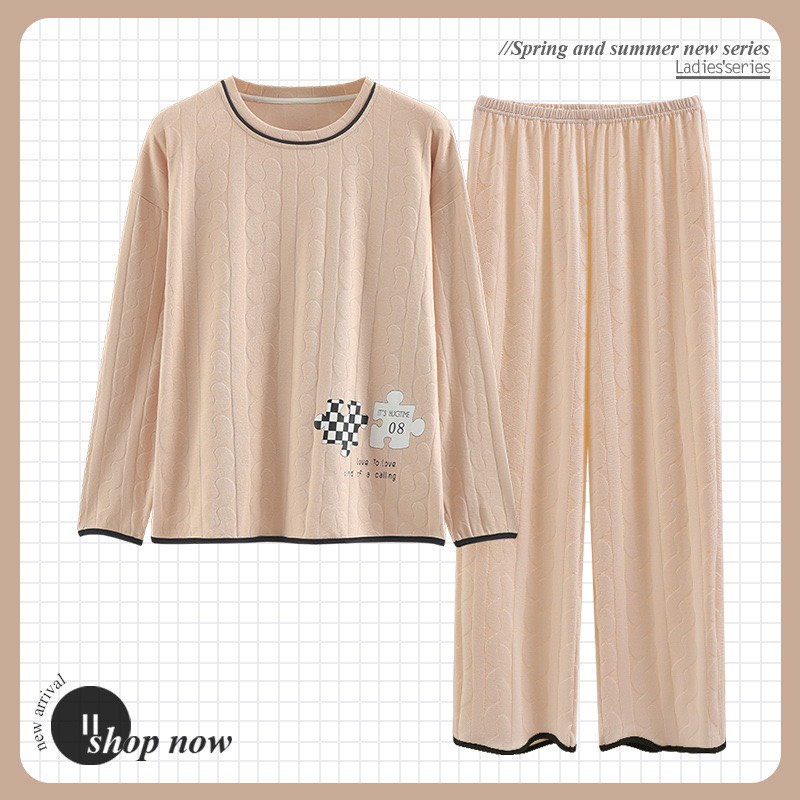 Bộ Mặc Nhà Cổ Tròn Dài Tay Chất Liệu Cotton Mềm Mịn Thấm Hút Hàng Qc