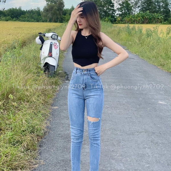Quần jean cạp cao rách basic , quần skinny jean dài nữ lưng cao PLQ74