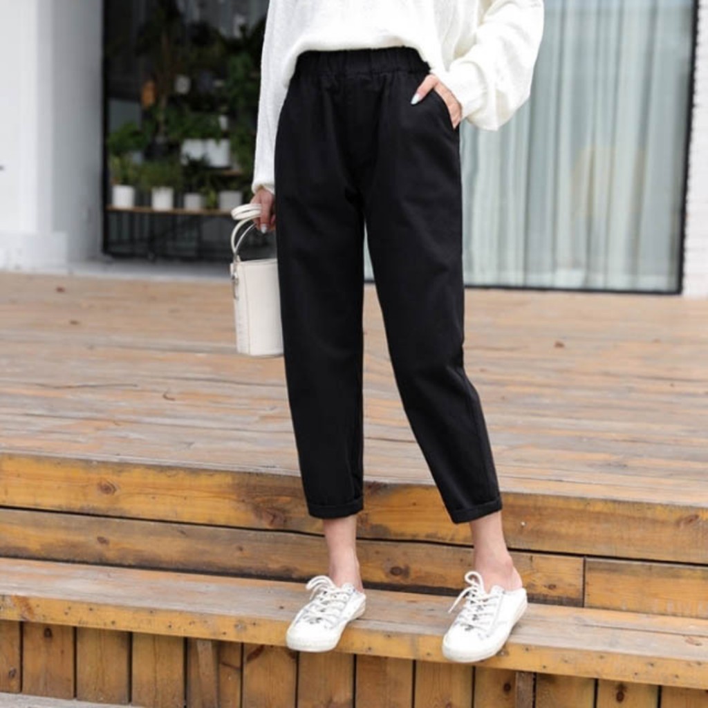 Quần kaki uisex nam nữ baggy lưng cao cạp chun ống rộng suông bigsize cạp chun đen be T18 STORE QK01