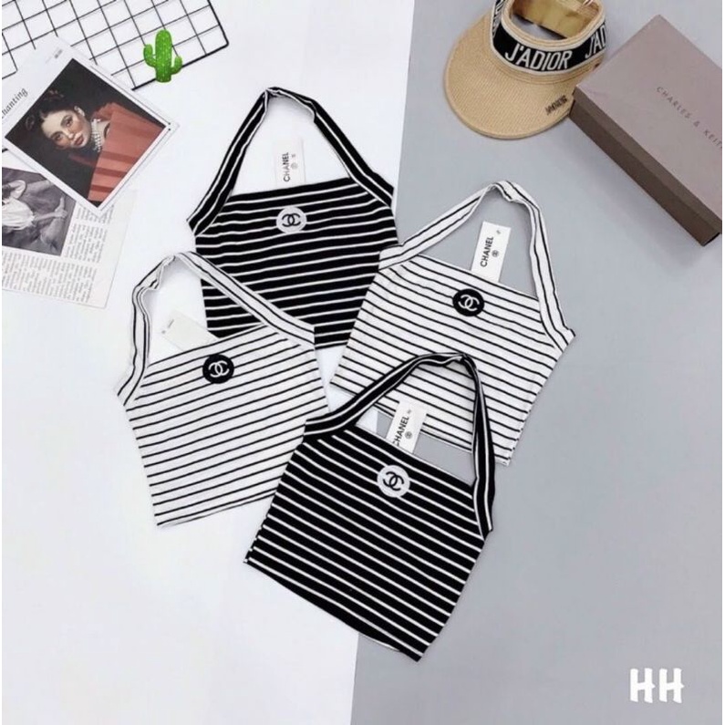 Áo dây trồng cổ có mút ngực thêu logo hoạ tiết sọc chất thun gân co giãn cam kết hàng y hình ( free size dưới 53kg)