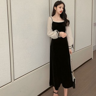 Váy nhung đen dáng dài phối voan