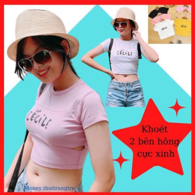 Áo Croptop Nữ Thun Cotton Tay Ngắn Khoét 2 Bên Hông Body Ôm Màu Đen Hồng Tím_Áo Crt Ngắn Tay Crop Top Hở Eo Sexy Mềm Mịn