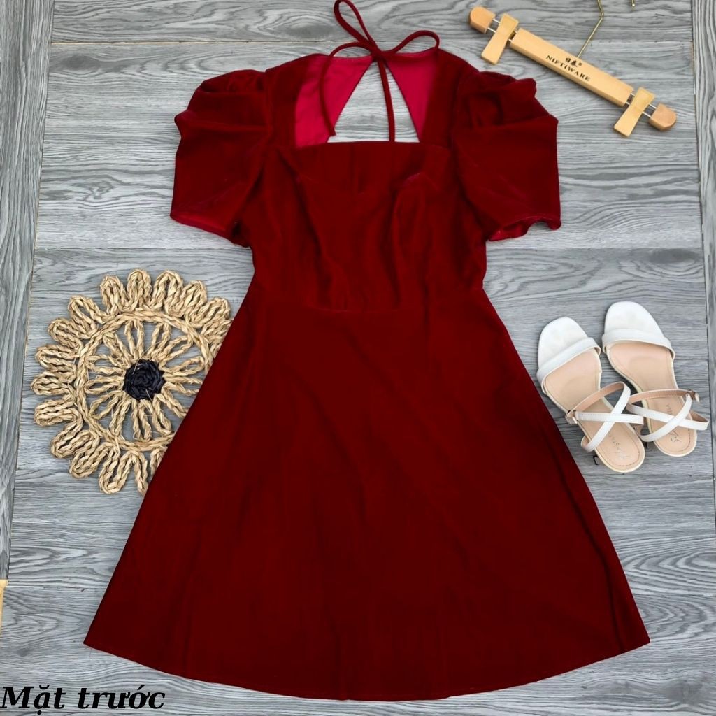 Váy Thiết Kế dáng suông, Váy nhung cổ vuông nơ lưng xinh xắn, màu đỏ đầy may mắn - H&N Shop