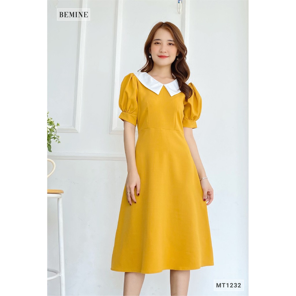 [Mã WABRWA15 giảm 15% đơn 300K] Đầm xòe tay ngắn cổ phối trắng BEMINE MT1232VANG | BigBuy360 - bigbuy360.vn