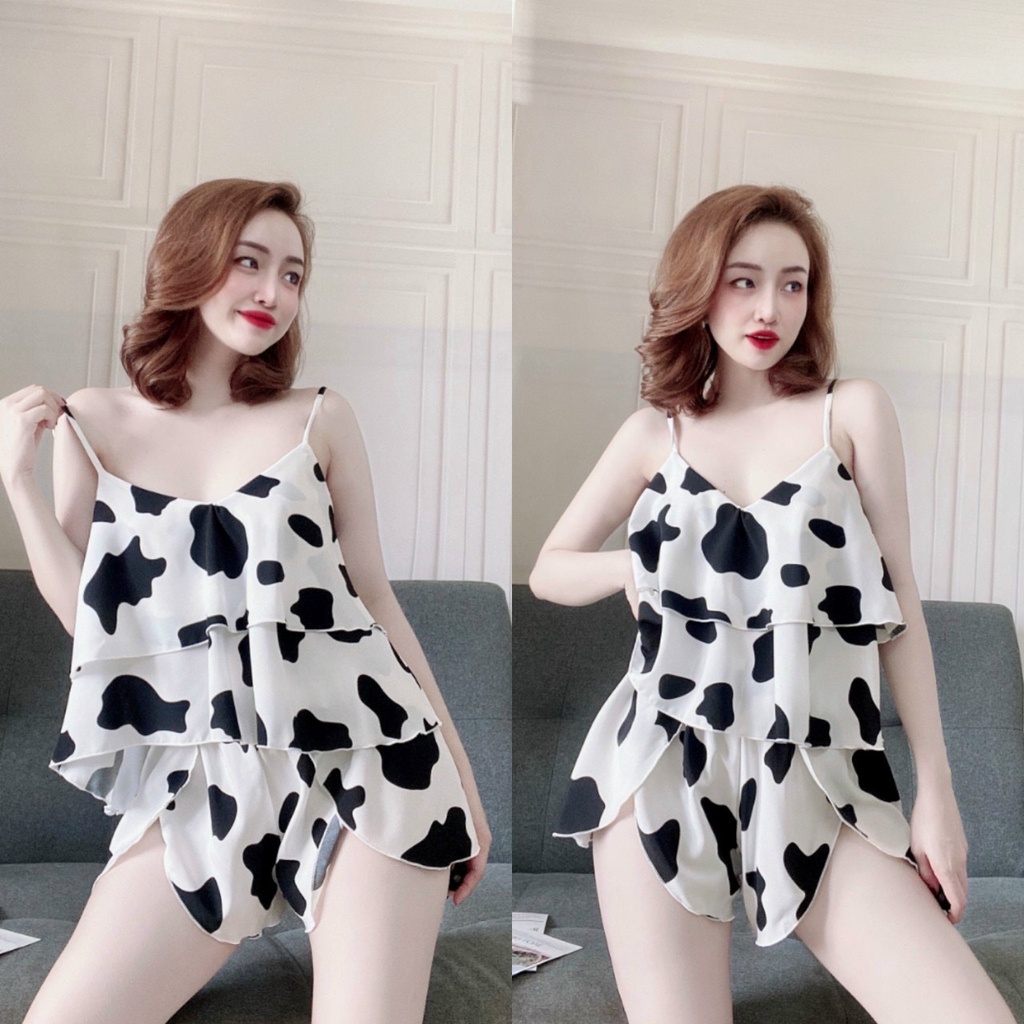 Đồ ngủ sexy - Đồ ngủ 2 dây họa tiết bò sữa chất mềm mịn mặc ngủ mát mẻ Freesize - DCQ Sleepwear