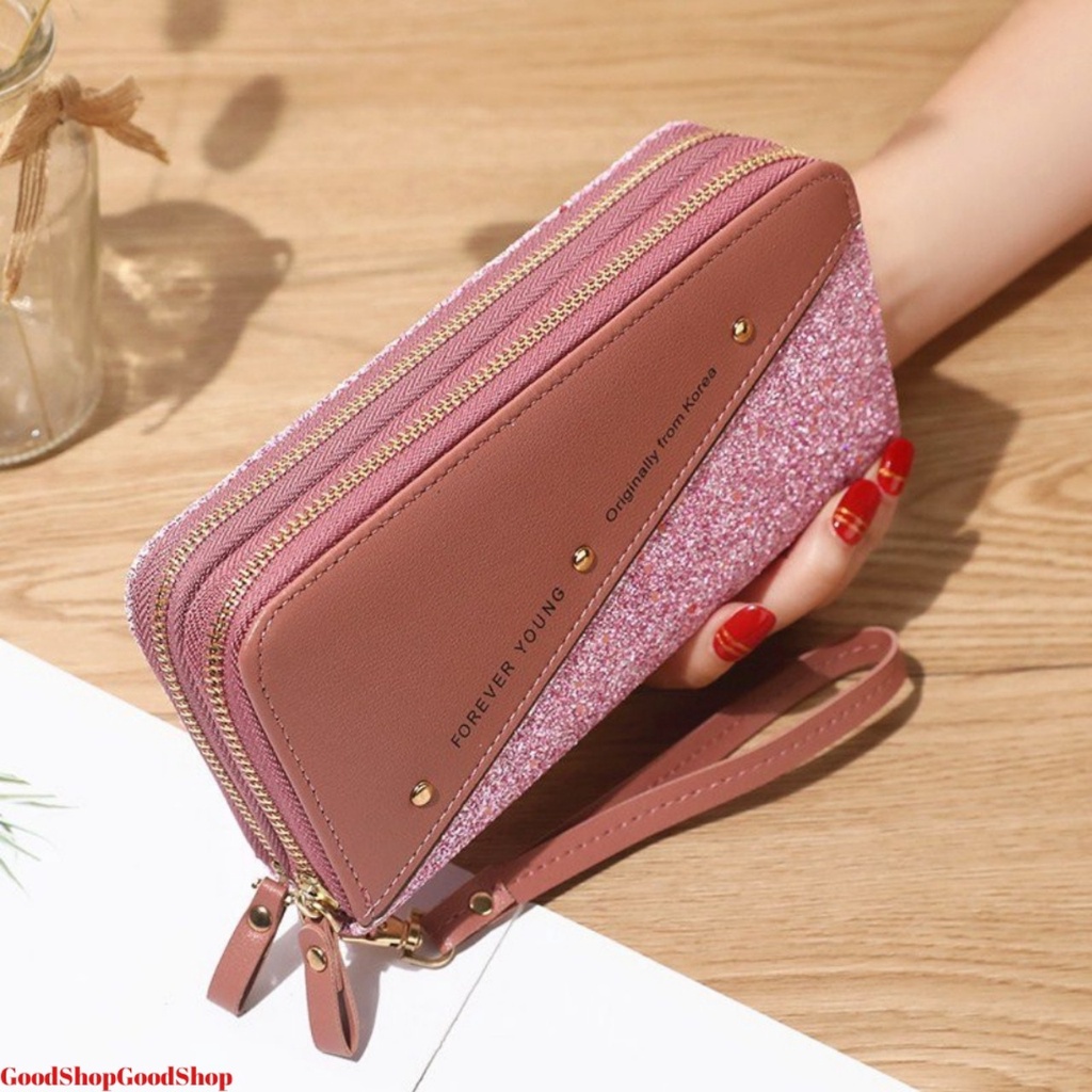 Ví nữ dài cầm tay mẫu mới, với 2 khoá kéo kiểu dáng sang trọng NEW-0057 được phối kim tuyến và kẻ sọc màu chéo đẳng cấp