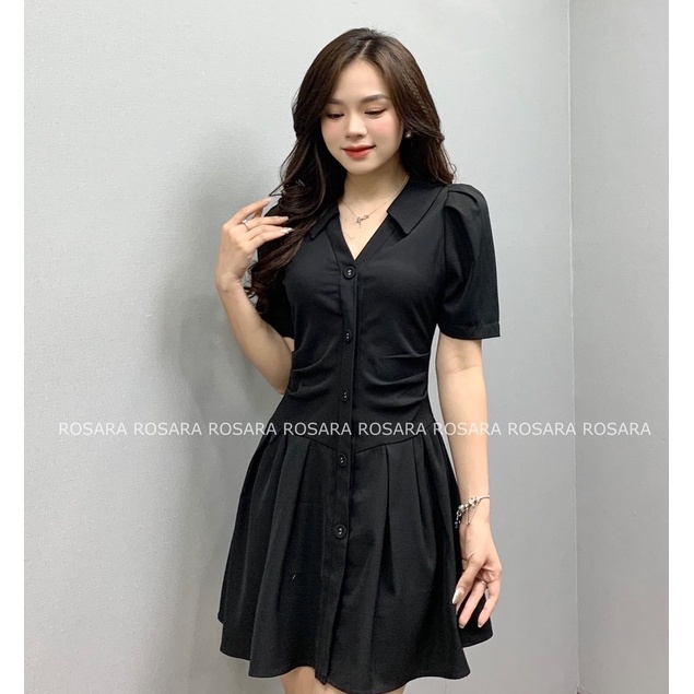 Váy Đầm Nữ Đen Thiết Kế Chiết Eo Dáng Xòe Tay Ngắn Tiểu Thư Công Sở VV01