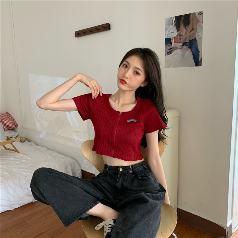 Áo Croptop Xiaozhainv Tay Ngắn Phối Khóa Kéo Phong Cách Hàn Gợi Cảm Với 5 Màu Tùy Chọn Cho Nữ