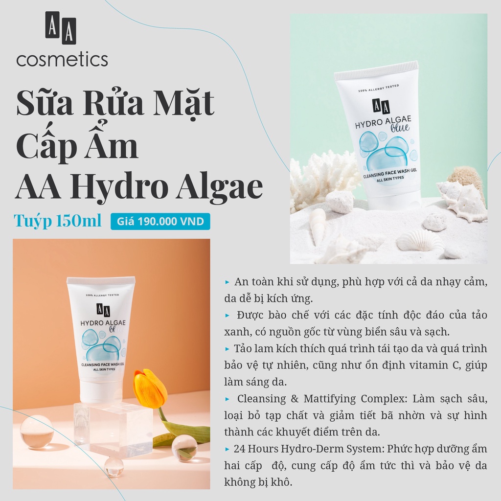 Sữa rửa mặt dưỡng ẩm Cosmetics Hydro Algae AA cómetics