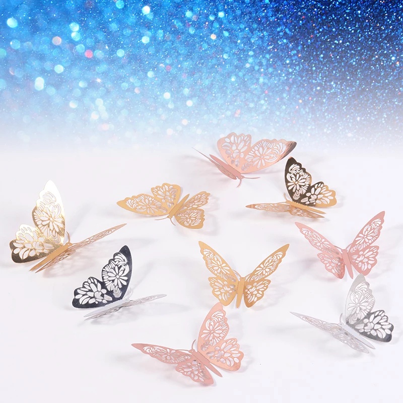Set 12 miếng dán tường tủ lạnh hình dạng bươm bướm 3D khoét lỗ dành cho trang trí nhà cửa