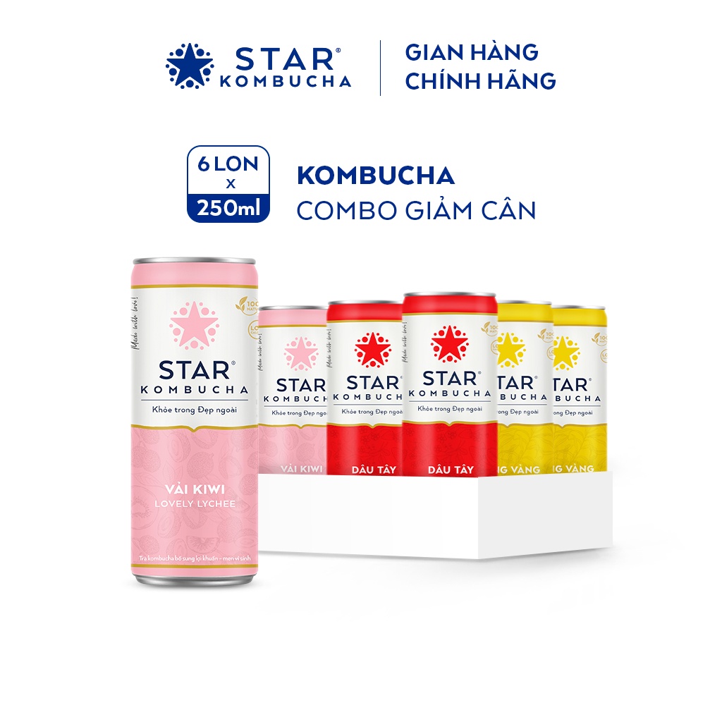 Lốc 6 lon trà lên men Star Kombucha mix 3 vị (250ml/lon) - Trà hoa quả giảm cân kombucha chứa probiotics