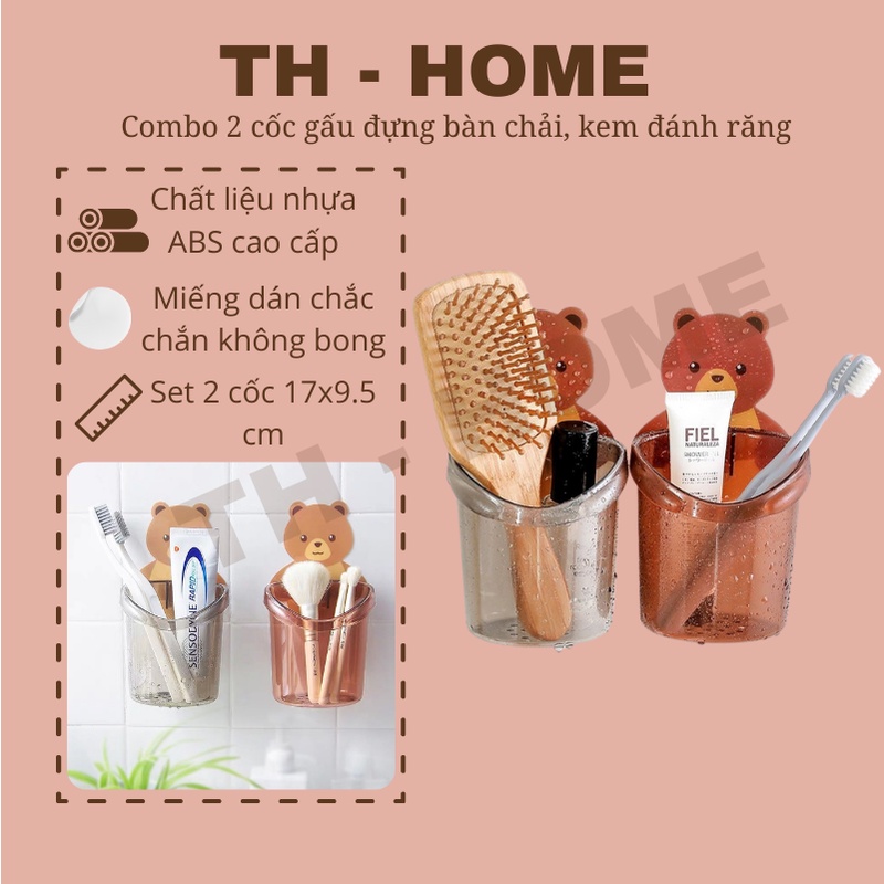 Combo 2 cốc đựng bàn chải, kem đánh răng hình gấu dán tường