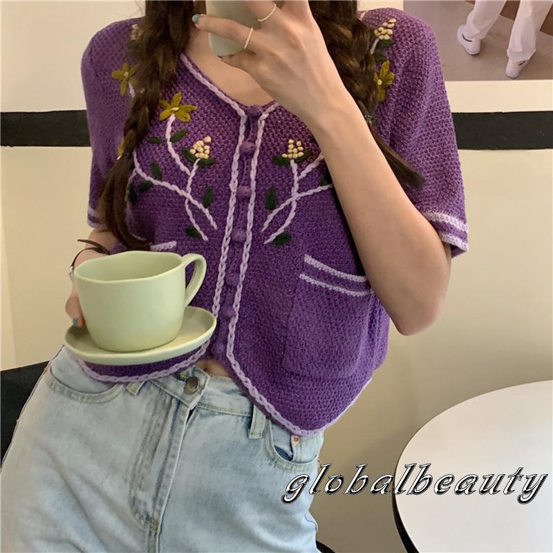 Áo Cardigan Tay Ngắn Cổ Chữ V Thêu Họa Tiết Thời Trang Cho Nữ