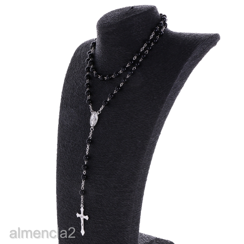 Mens Hip 8mm Bead Rosary Pray Hand Jesus Cross Pendant Necklace Black