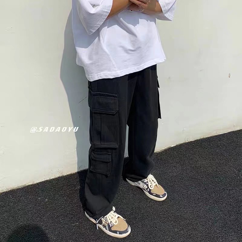 Quần Hiphop Ống Rộng Nhiều Túi Cotton Màu Trắng/Đen Thời Trang Cho Nam