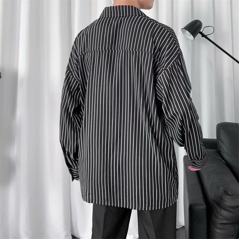 Korean Fashion Striped Striped Neck Long Sleeve Shirt for Men