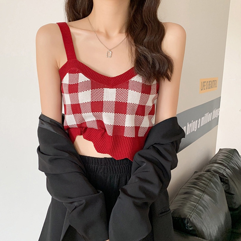 Áo Croptop Dệt Kim Sát Nách Cổ Chữ V Hở Lưng Họa Tiết Kẻ Sọc Lượn Sóng Màu Sắc Tương Phản Thời Trang Mùa Hè Quyến Rũ Cho Nữ