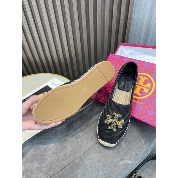 Giày lười đế cói thương hiệu Tory Burch da thật cao cấp