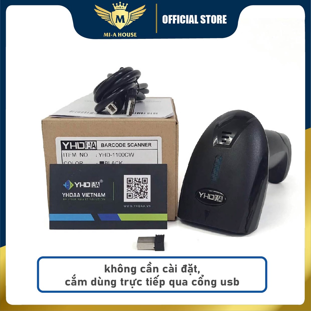 Máy quét mã vạch không dây di động YHD 1100CW dành cho siêu thị, shop bán lẻ, đọc mã vạch 1D không cần cài đặt,