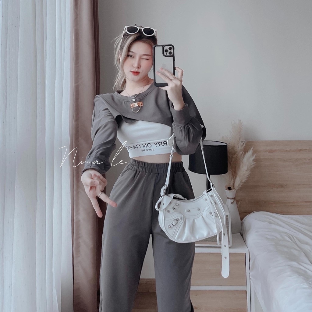 Set bộ len Carry on carry love me croptop len tăm 3 màu đen xám trắng đồ bộ nữ thu đông