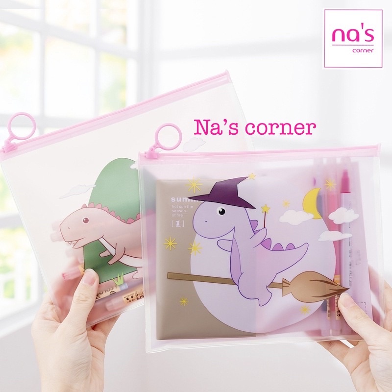 Túi ví zip chống thấm đựng bút, mỹ phẩm size A5 hình khủng long dễ thương