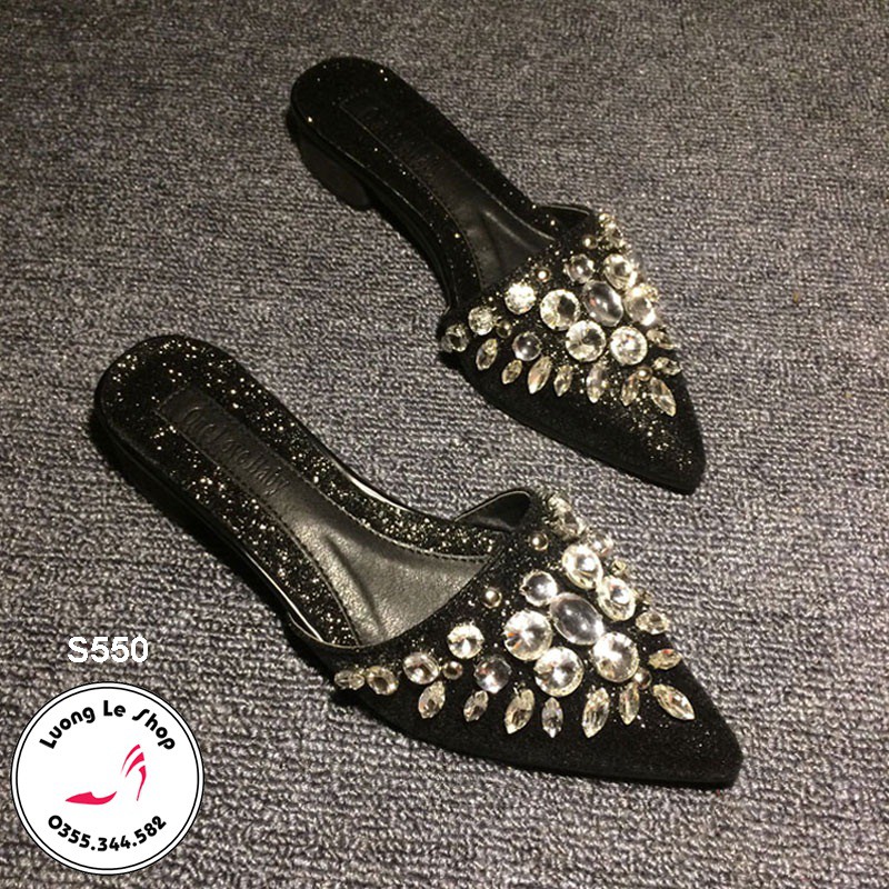 Dép mules đế 3cm da lì đính đá to sang chảnh 2 màu đen vàng hàng cao cấp ms S550