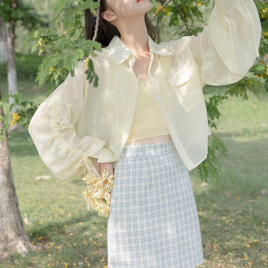 Áo Sơ Mi Chiffon Mỏng Dáng Rộng Tay Dài Màu Vàng Cho Nữ