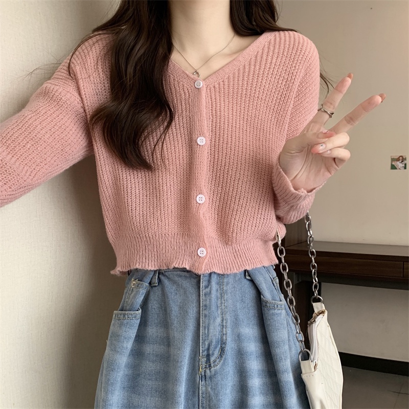 SUXI Áo Khoác Cardigan Dài Tay Cổ Chữ V Màu Sắc Đơn Giản Phong Cách Hàn Quốc