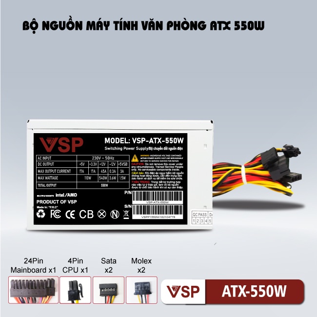 Nguồn máy tính VSP ATX công suất thực 550W  Fan 12 20+4Pin chính hãng bảo hành 24 tháng