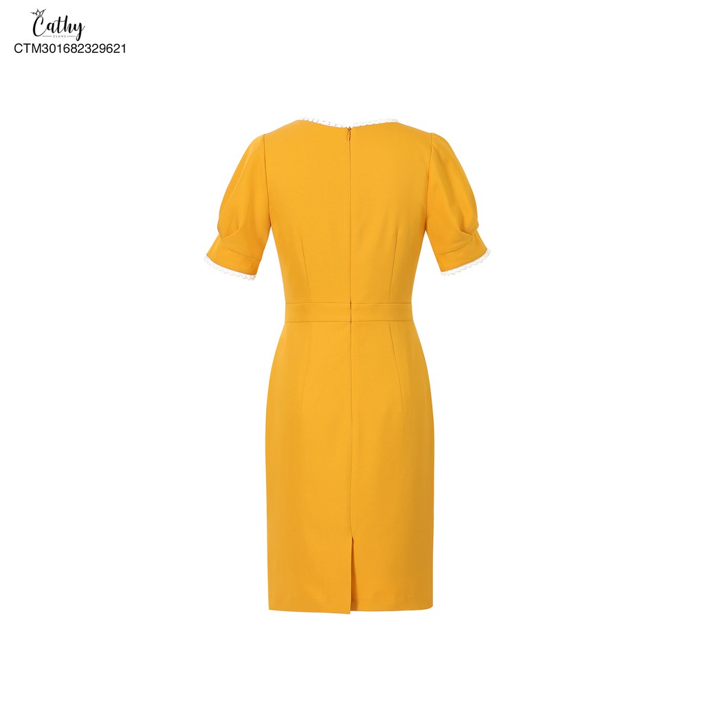 Đầm bút chì Cathy Clans bút chì viền ren trắng - vàng đậm | BigBuy360 - bigbuy360.vn
