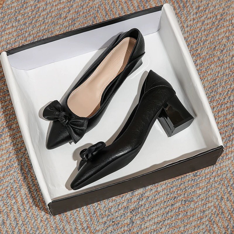 Giày Cao Gót Nữ 5p Gót Vuông Có Nơ Điệu Đà Mã A1NBUOC