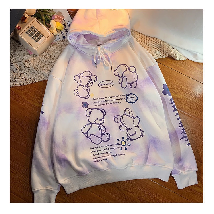 Áo Hoodie Dày Dặn Nhuộm Màu Hồng Hình Gấu Dễ Thương Phong Cách Nhật Bản Cho Nữ