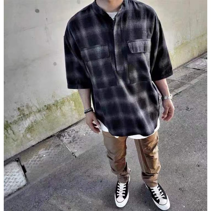 FEAR OF GOD FOG Season 6 Mainline Henry Collar Half Open Button High Street Loose Short Sleeve Plaid Shirt