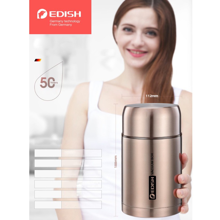 Bình ủ cháo, giữ nhiệt Edish thương hiệu Đức inox 316 cao cấp 1lit + Tặng Túi Giữ nhiệt