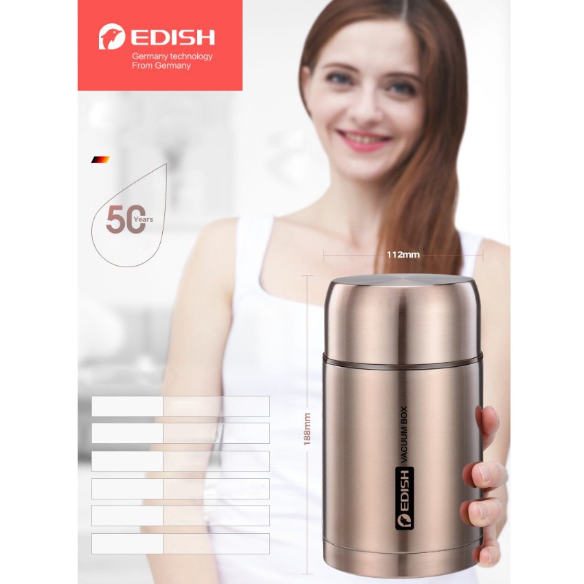 Bình ủ cháo, giữ nhiệt Edish thương hiệu Đức inox 316 cao cấp 800ml -1000 ml + Tặng Túi Giữ nhiệt