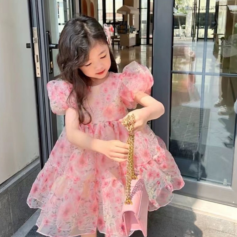 Đầm Tay Phồng Phối Lưới Họa Tiết Hoa Hồng Dễ Thương Thời Trang Mùa Hè Cho Bé Gái