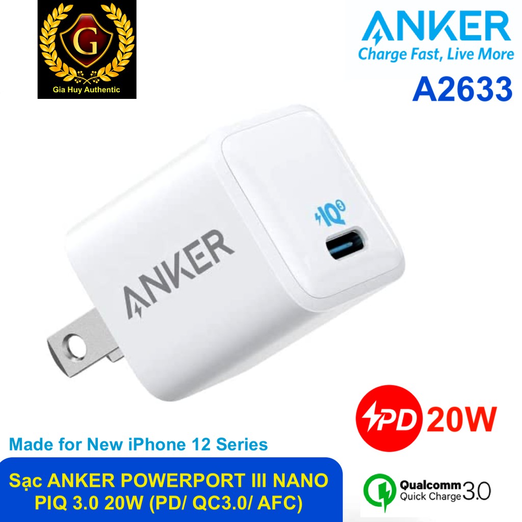 Củ sạc nhanh iPhone 12, iPad Pro, S10, S20, Note 10 ANKER POWERPORT III NaNo PIQ 3.0 20W - A2633