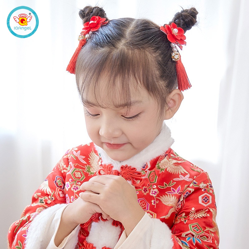 Cặp kẹp tóc IQ ANGEL đính nơ trang trí tua rua sợi tóc bện phong cách Trung Hoa cổ điển thời trang năm mới cho trẻ em